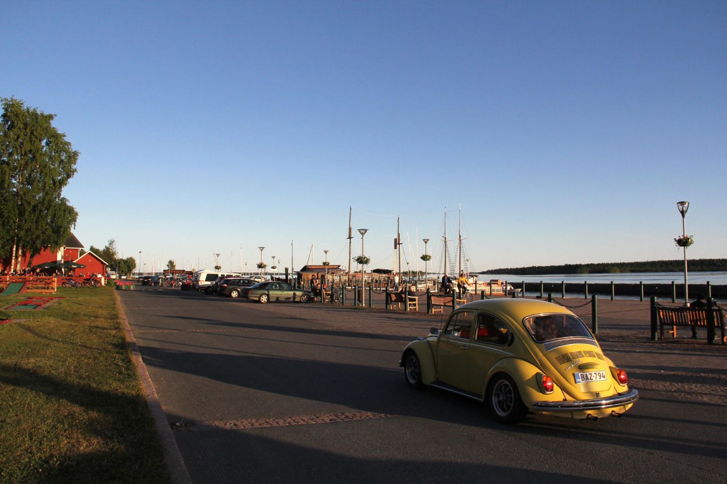 Yellow VW beetle at Kemi Harbor, during a fam trip in Finnish Lapland with location scout Lori Balton